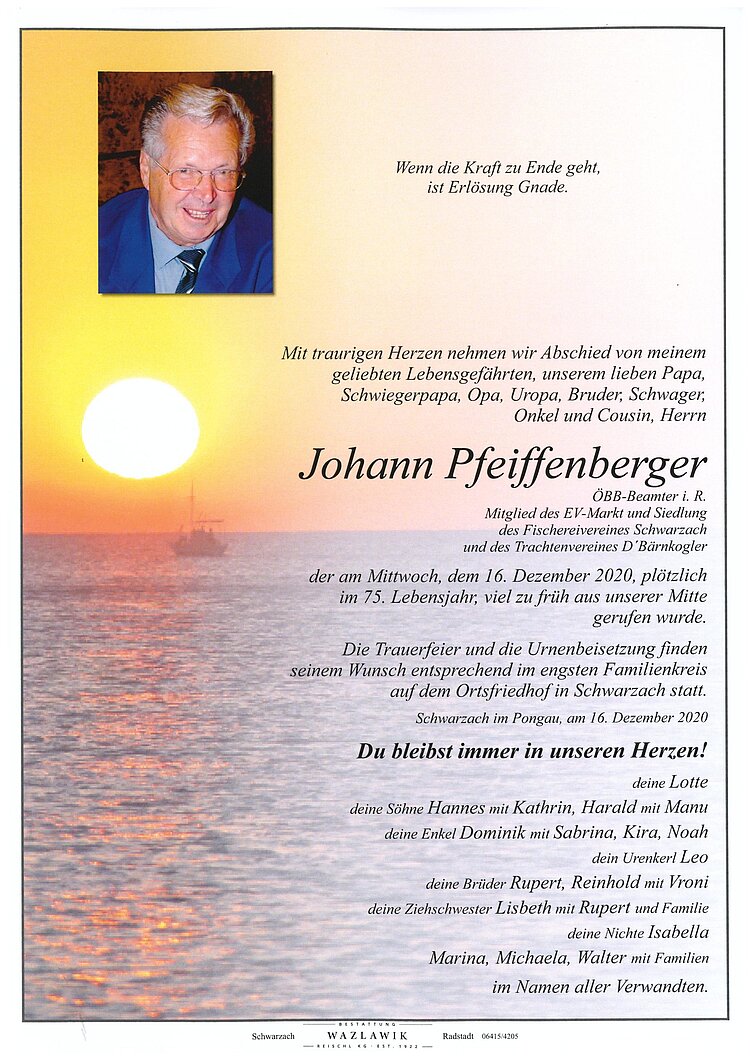 Parte von Johann Pfeiffenberger † 16.12.2020