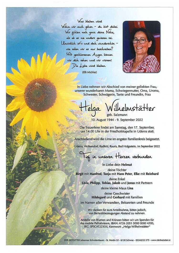 Parte von Helga Wilhelmstätter † 10.09.2022