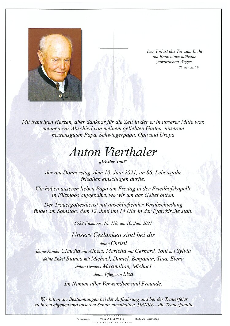 Parte von Anton Vierthaler † 10.06.2021