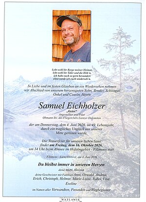 Parte von Samuel Eichholzer † 04.06.2026 aus Filzmoos
