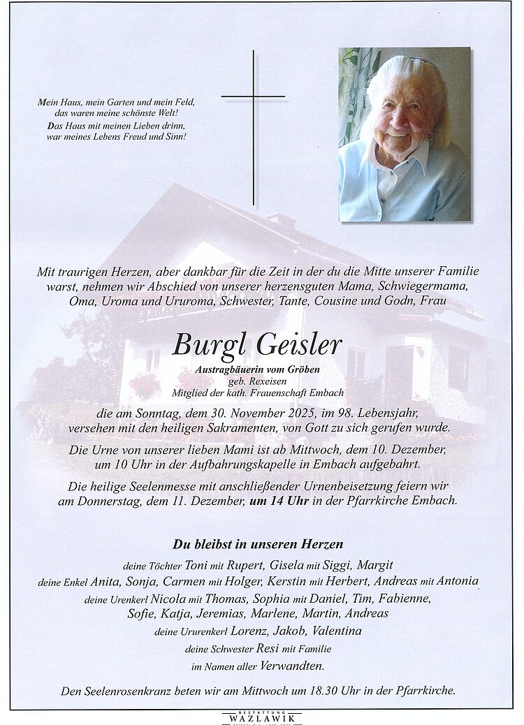 Parte von Notburga Geisler † 30.11.2025