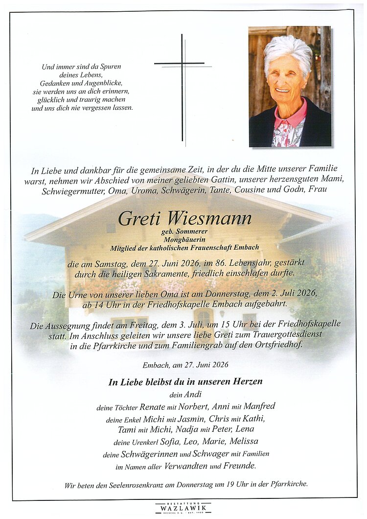 Parte von Greti Wiesmann † 27.06.2026