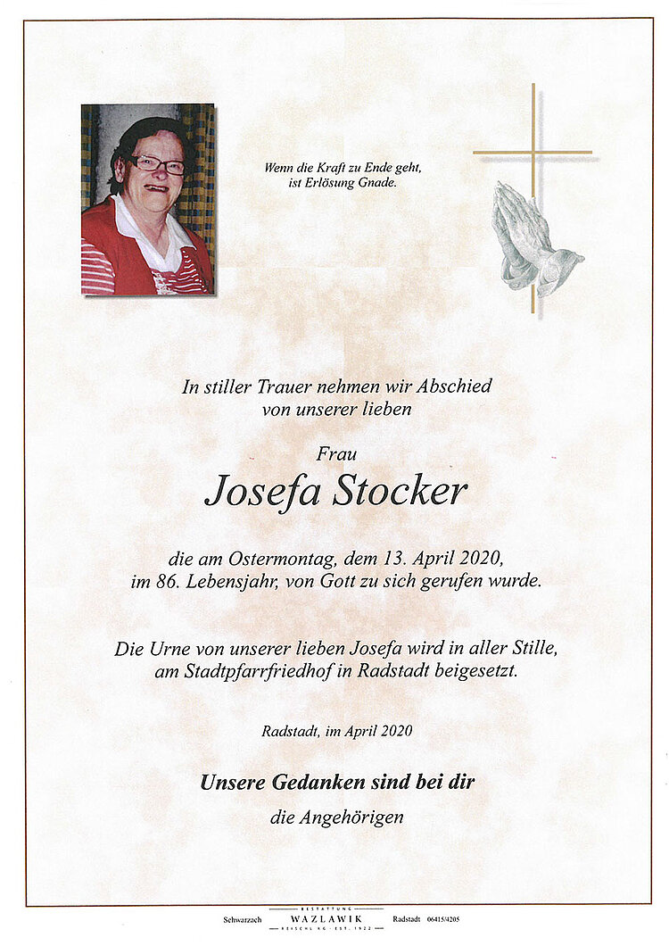 Parte von Josefa Stocker † 13.04.2020