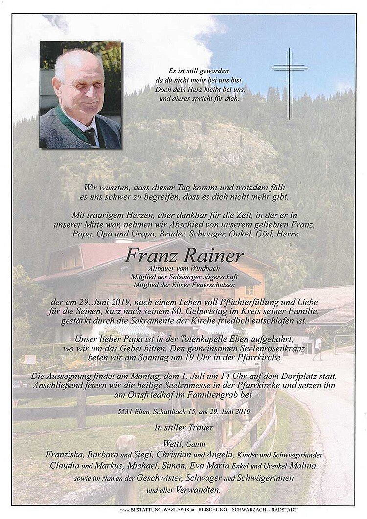 Parte von Franz Rainer † 29.06.2019