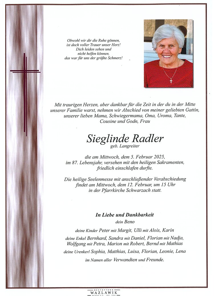 Parte von Sieglinde Radler † 05.02.2025