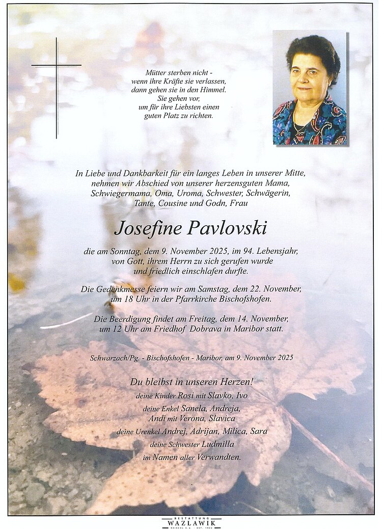 Parte von Josefine Pavlovski † 09.11.2025