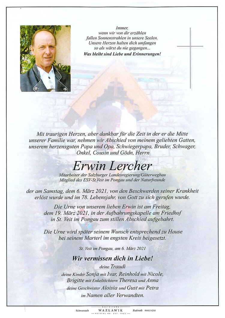 Parte von Erwin Lercher † 06.03.2021