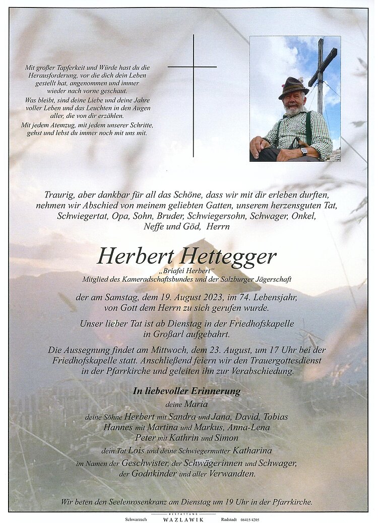 Parte von Herbert Hettegger † 19.08.2023