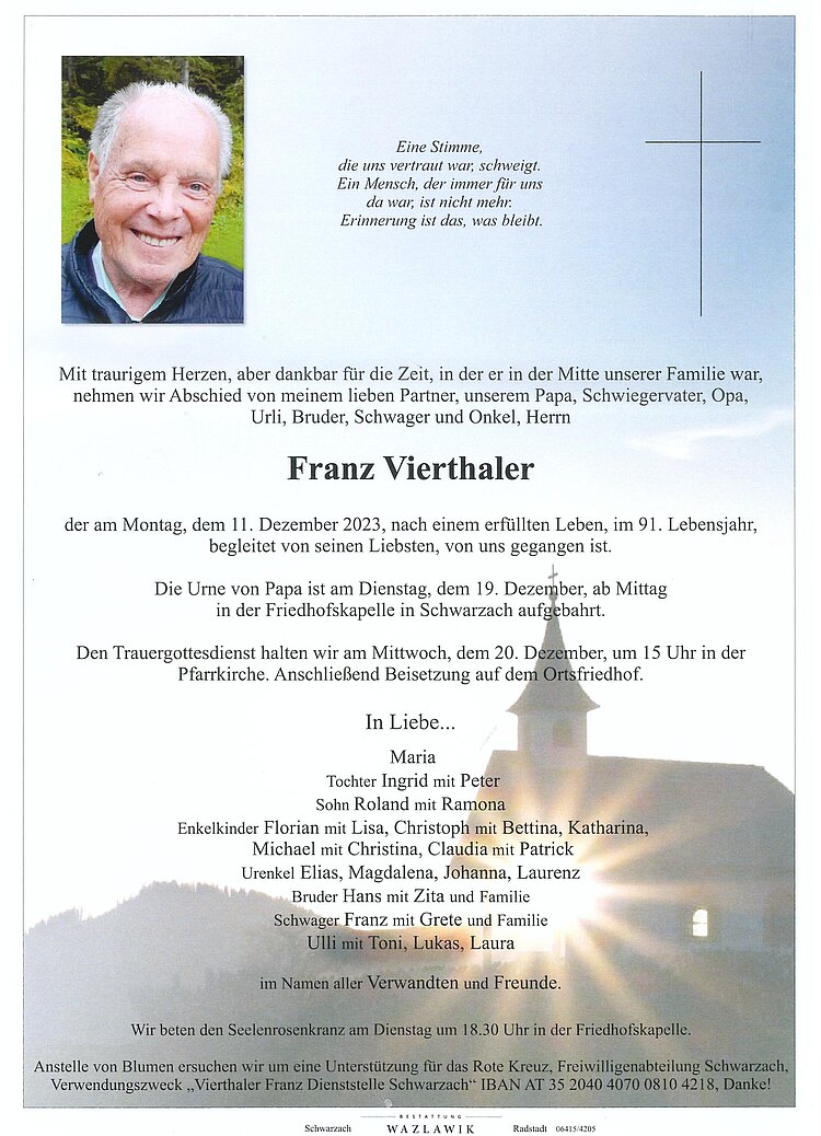 Parte von Franz Vierthaler † 11.12.2023