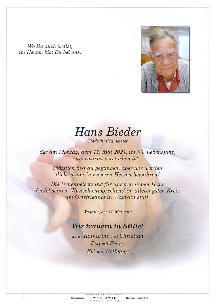 Parte von Hans Bieder † 17.05.2021
