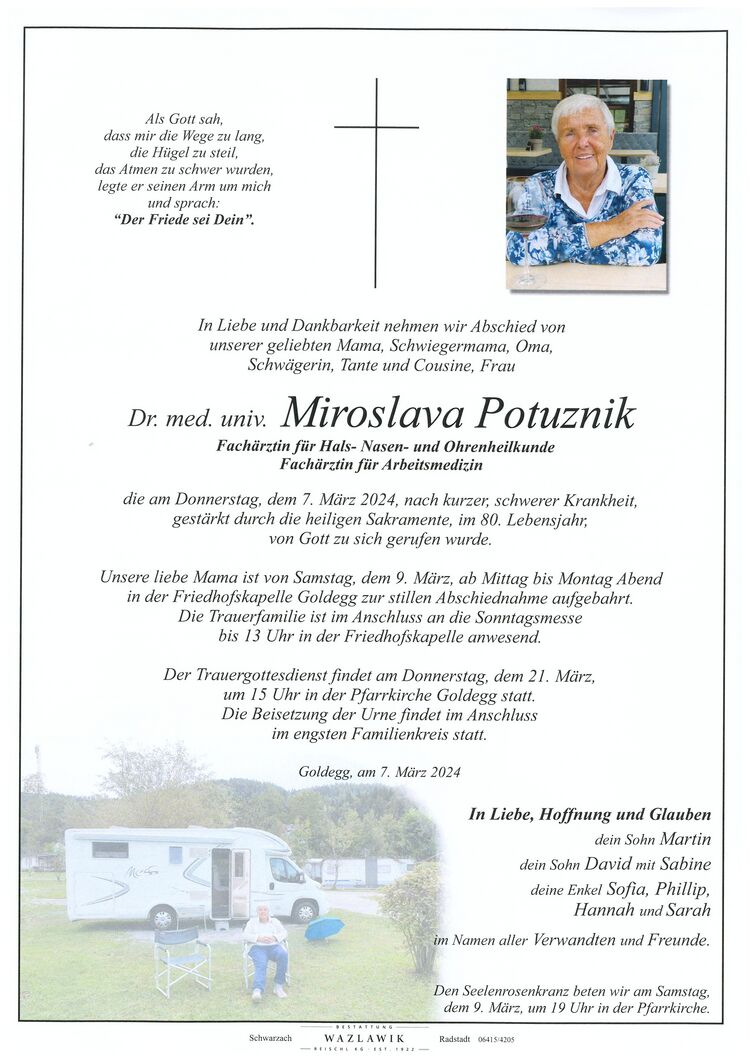 Parte von Dr. med. univ. Miroslava Potuznik † 07.03.2024
