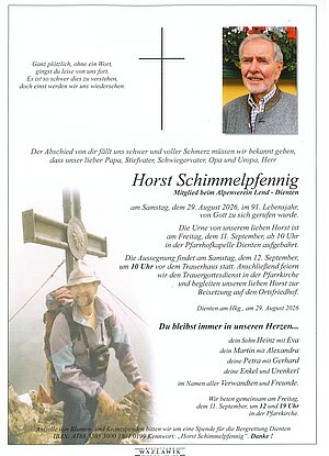 Parte von Horst Schimmelpfennig † 29.08.2026 aus Dienten am Hochkönig