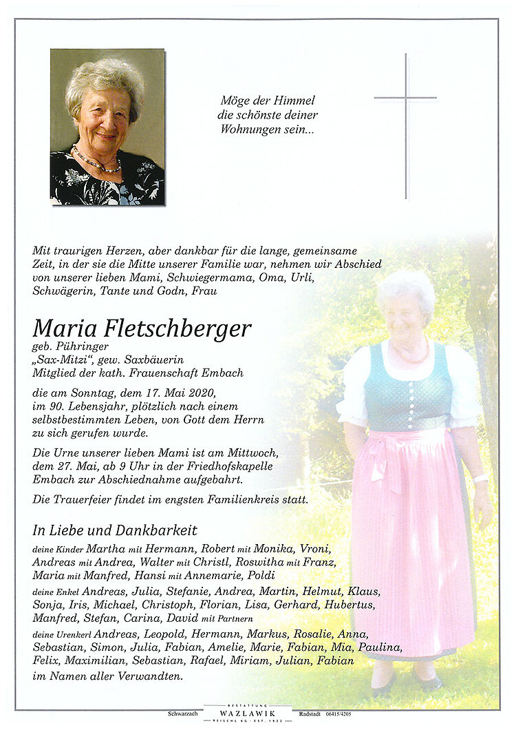 Parte von Maria Fletschberger † 17.05.2020