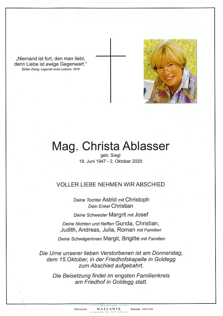 Parte von Mag. Christa Ablasser † 02.10.2020