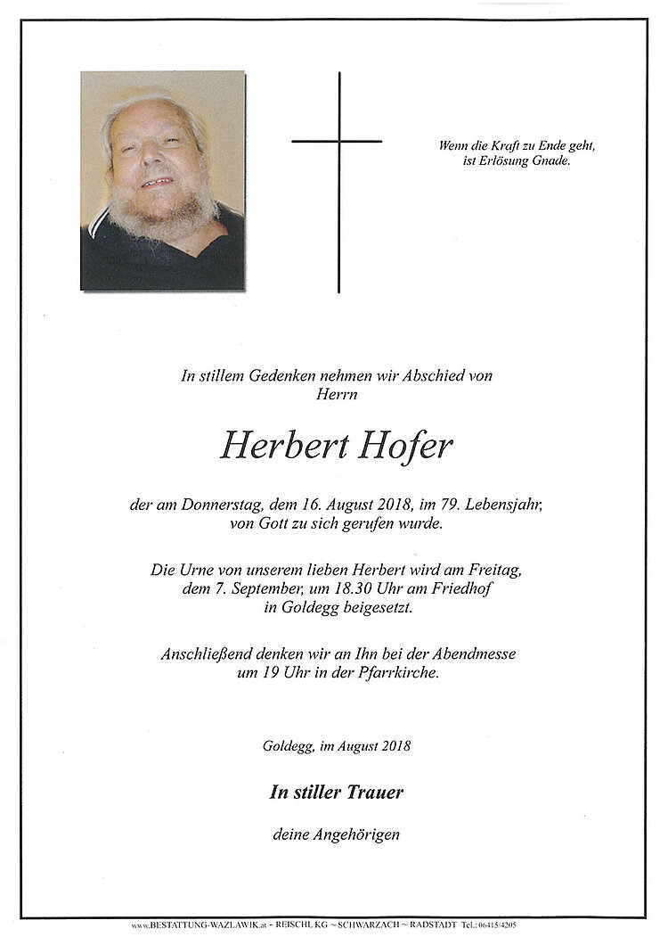 Parte von Herbert Hofer † 16.08.2018