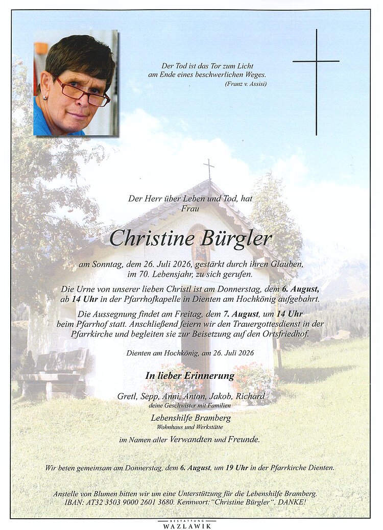 Parte von Christine Bürgler † 26.07.2026