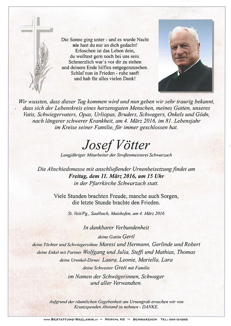 Parte von Josef Vötter † 04.03.2016